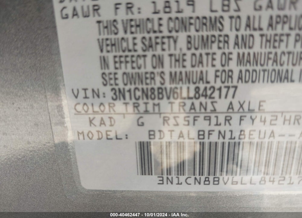 2020 NISSAN VERSA S 5-SPEED MANUAL TRANSMISSION VIN: 3N1CN8BV6LL842177