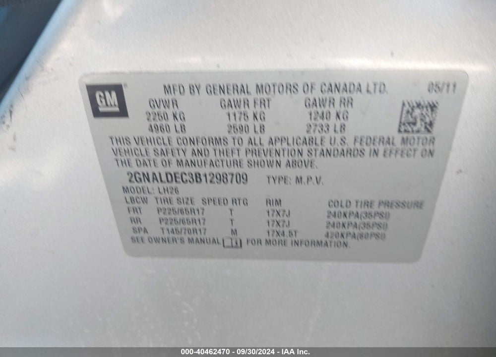 2011 CHEVROLET EQUINOX 1LT VIN: 2GNALDEC3B1298709