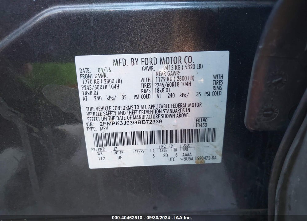 2016 FORD EDGE SEL VIN: 2FMPK3J93GBB72339