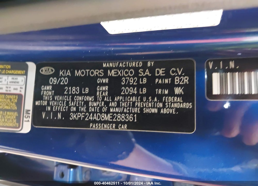 2021 KIA FORTE LXS VIN: 3KPF24AD8ME288361