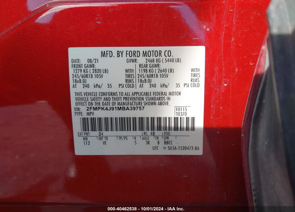 2021 FORD EDGE SEL VIN: 2FMPK4J91MBA39757
