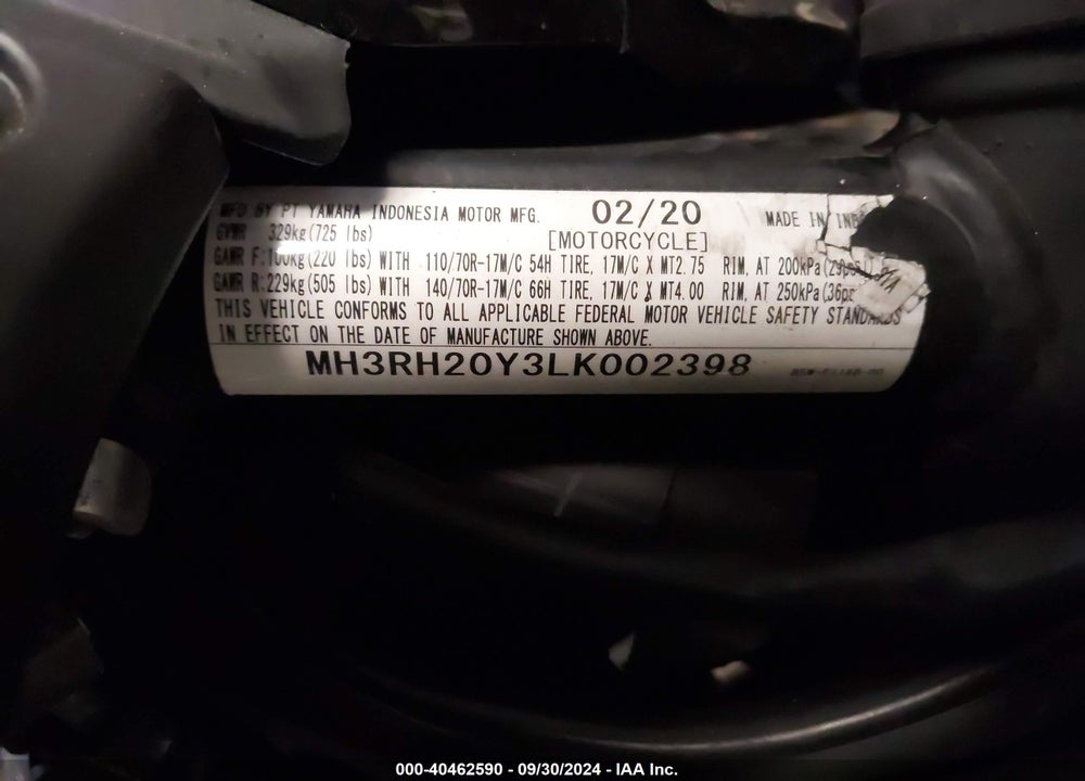 2020 YAMAHA MT-03 VIN: MH3RH20Y3LK002398