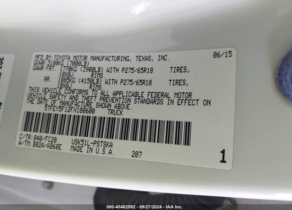 2015 TOYOTA TUNDRA SR5 5.7L V8 VIN: 5TFEY5F12FX188600
