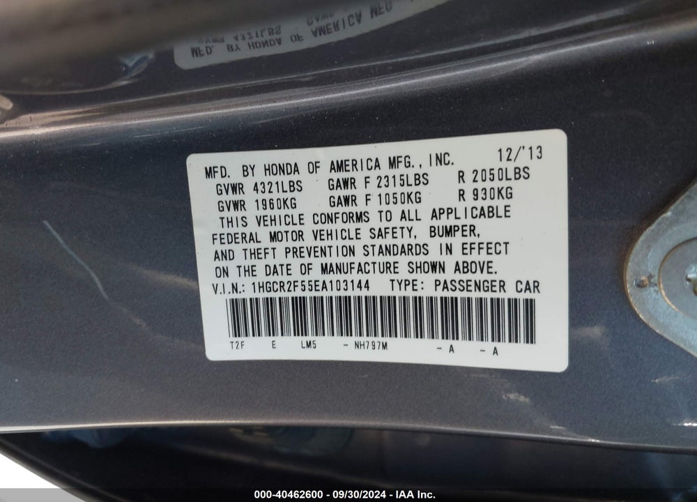 2014 HONDA ACCORD SPORT VIN: 1HGCR2F55EA103144