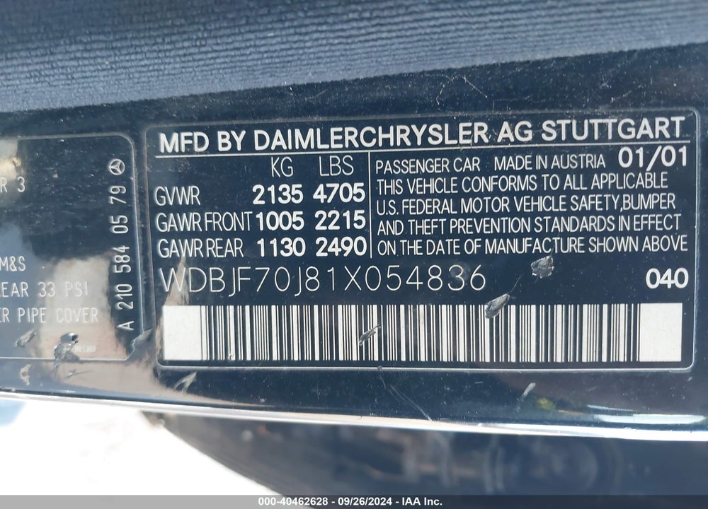 2001 MERCEDES-BENZ E 430 VIN: WDBJF70J81X054836