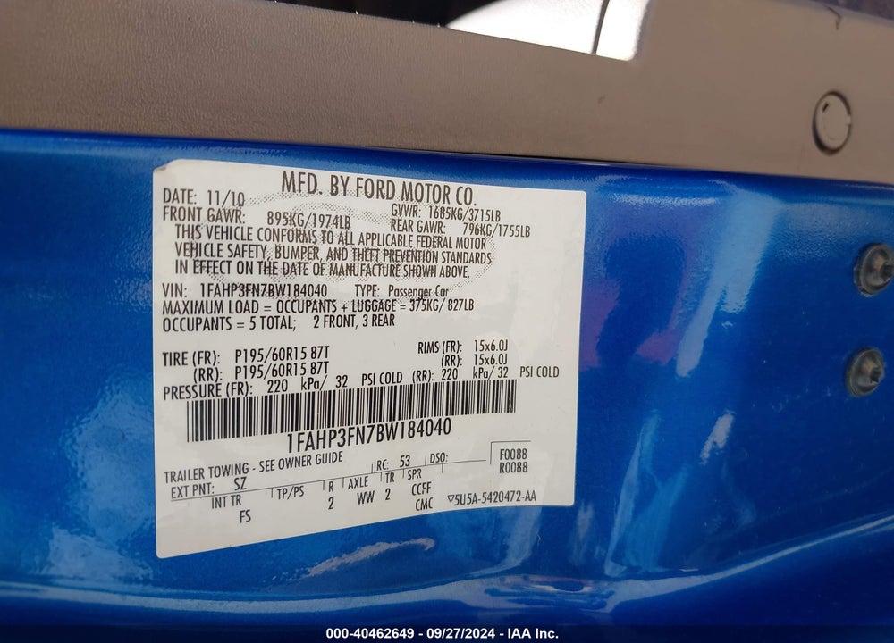 2011 FORD FOCUS SE VIN: 1FAHP3FN7BW184040