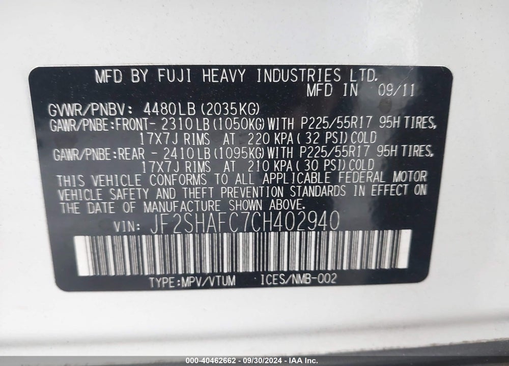 2012 SUBARU FORESTER 2.5X LIMITED VIN: JF2SHAFC7CH402940