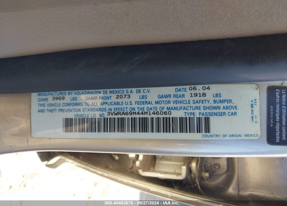 2004 VOLKSWAGEN JETTA GL VIN: 3VWRA69M44M146060