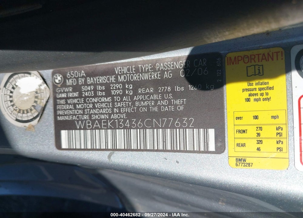 2006 BMW 650I VIN: WBAEK13436CN77632