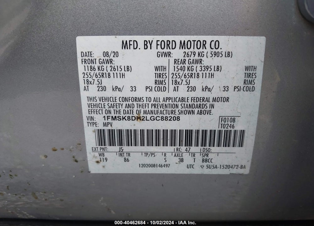 2020 FORD EXPLORER XLT VIN: 1FMSK8DH2LGC88208