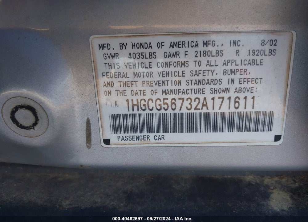 2002 HONDA ACCORD 2.3 SE VIN: 1HGCG56732A171611