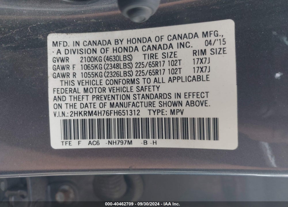 2015 HONDA CR-V EX-L VIN: 2HKRM4H76FH651312