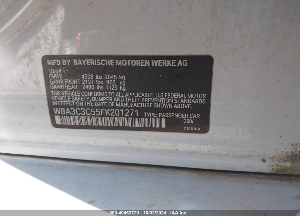 2015 BMW 320I XDRIVE VIN: WBA3C3C55FK201271