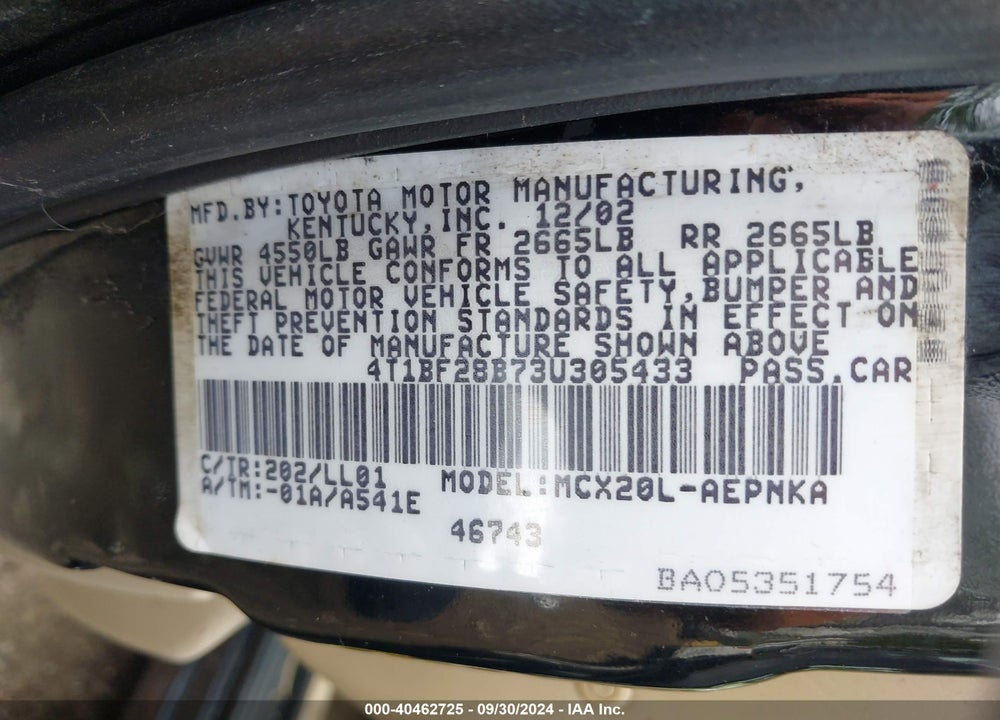 2003 TOYOTA AVALON XL VIN: 4T1BF28B73U305433