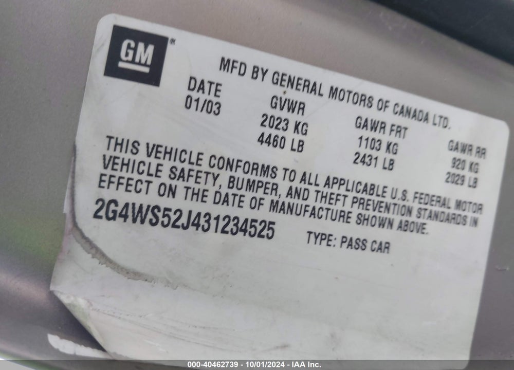 2003 BUICK CENTURY CUSTOM VIN: 2G4WS52J431234525