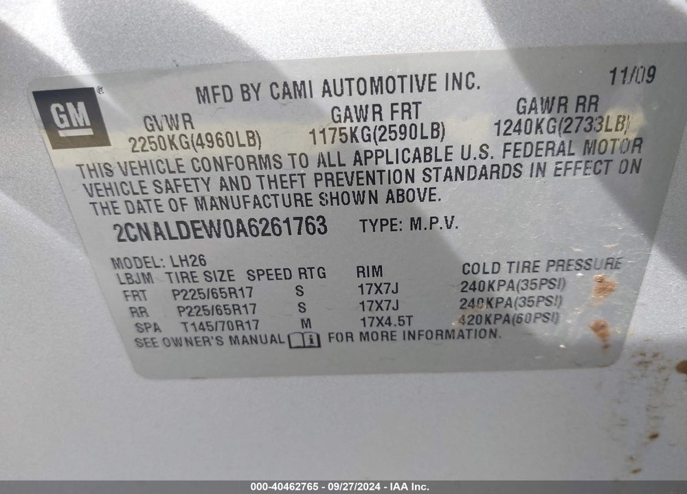 2010 CHEVROLET EQUINOX LT VIN: 2CNALDEW0A6261763