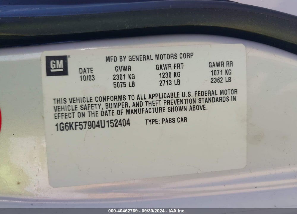 2004 CADILLAC DEVILLE DTS VIN: 1G6KF57904U152404