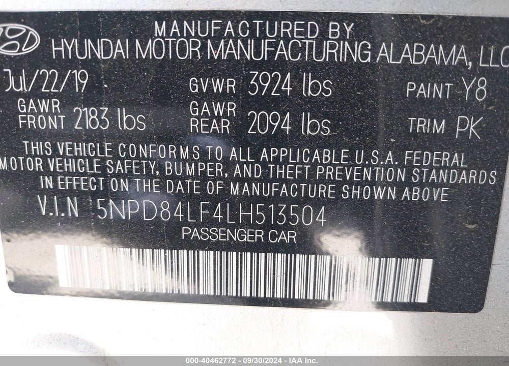 2020 HYUNDAI ELANTRA SEL VIN: 5NPD84LF4LH513504