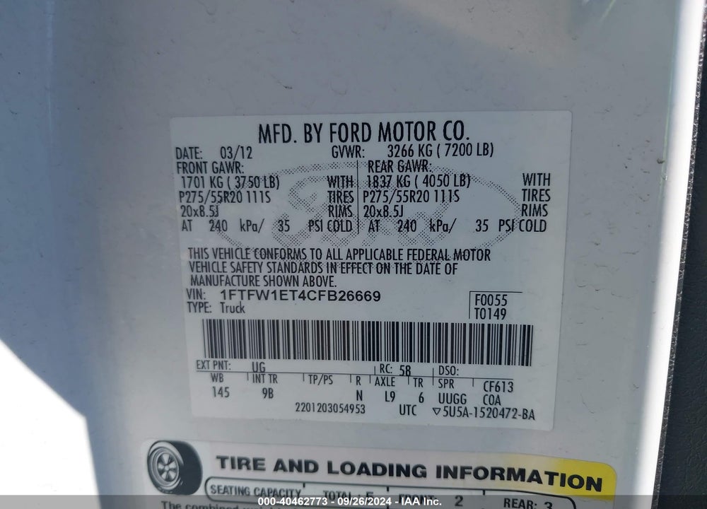 2012 FORD F150 SUPERCREW VIN: 1FTFW1ET4CFB26669