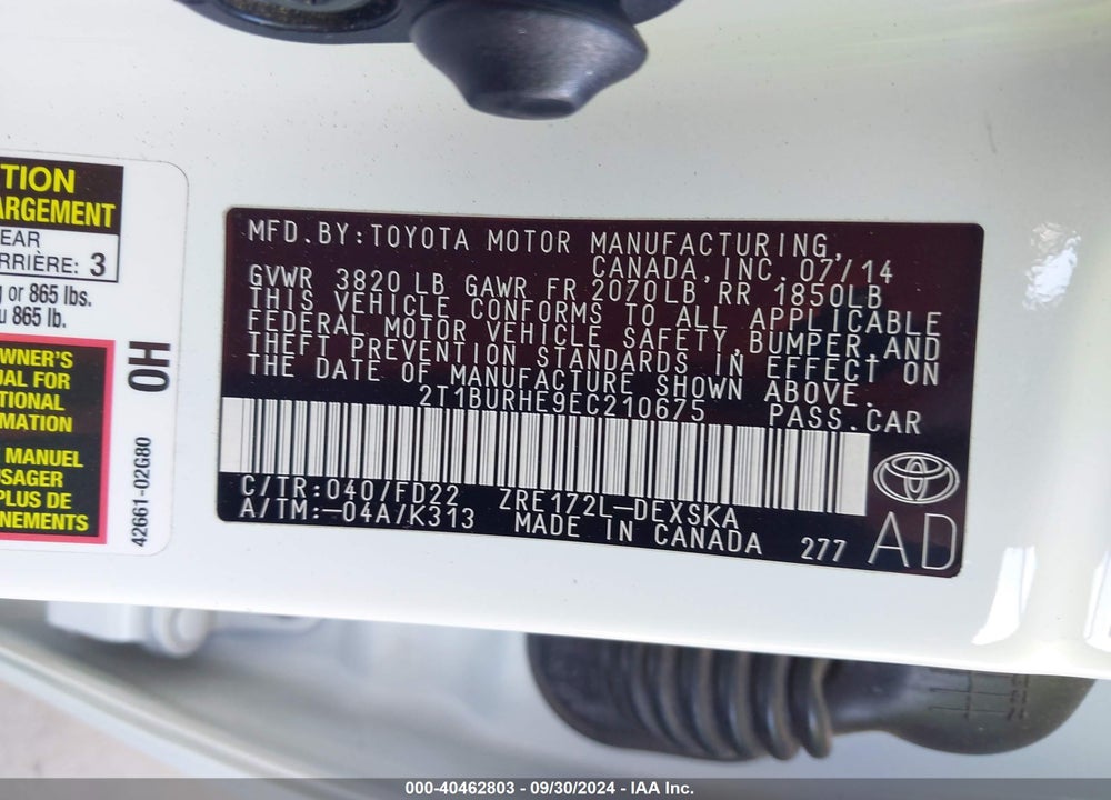 2014 TOYOTA COROLLA S PLUS VIN: 2T1BURHE9EC210675