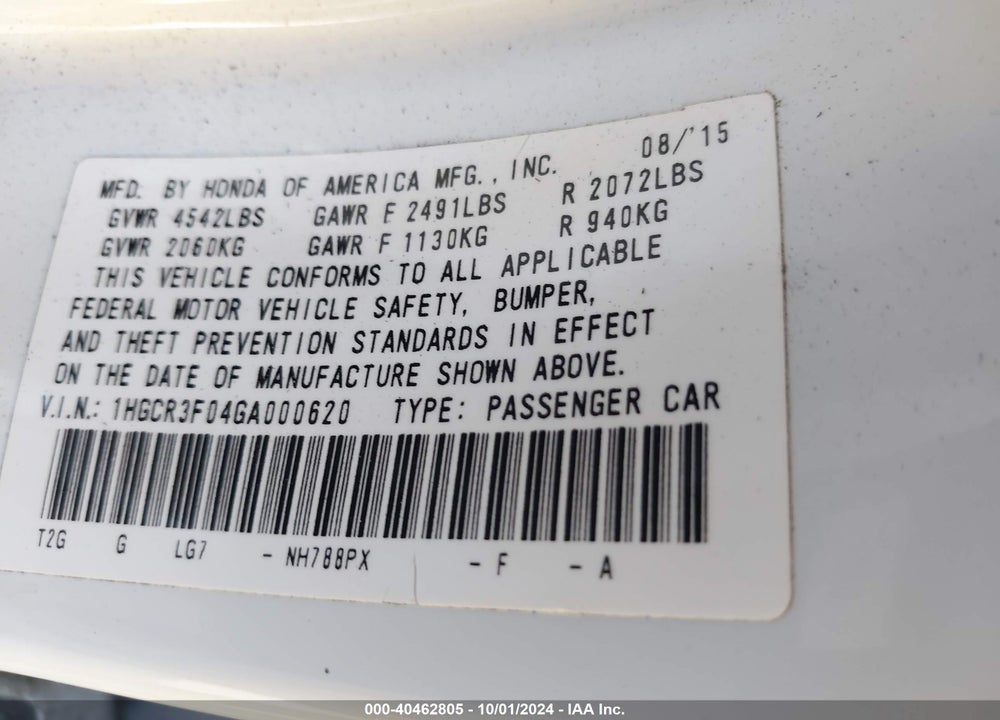 2016 HONDA ACCORD EX-L V-6 VIN: 1HGCR3F04GA000620