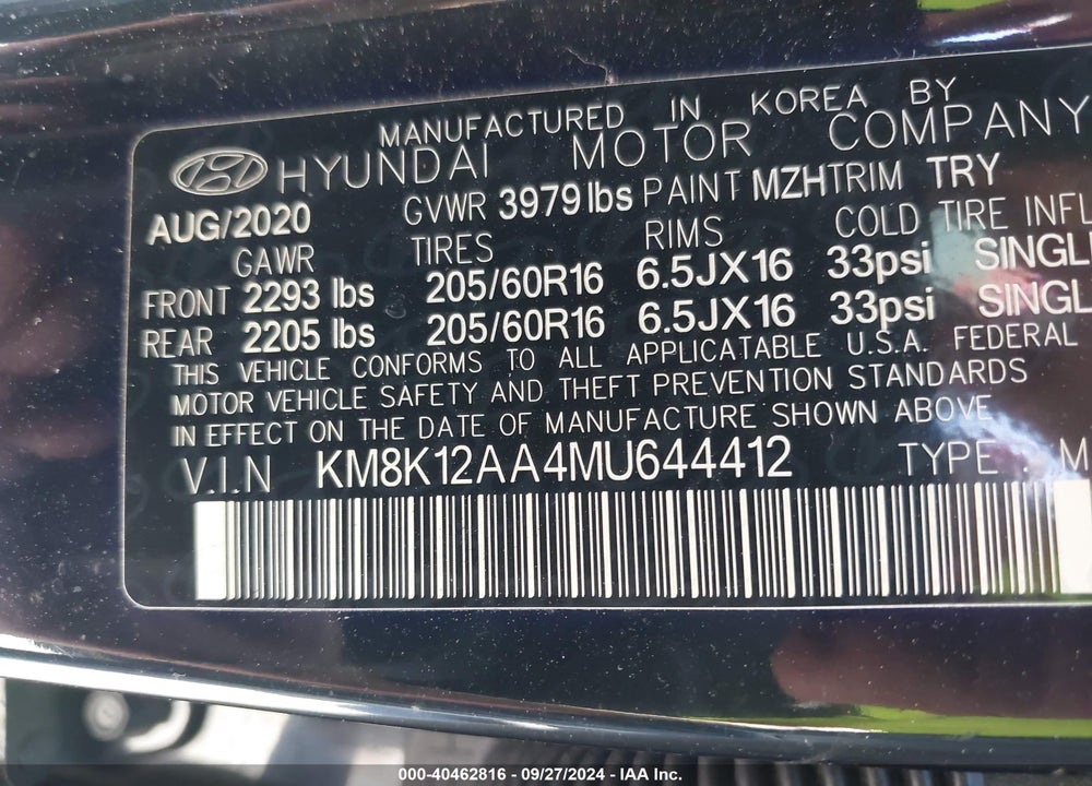 2021 HYUNDAI KONA SE VIN: KM8K12AA4MU644412