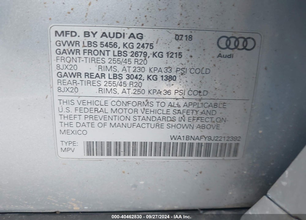 2018 AUDI Q5 2.0T PREMIUM/2.0T TECH PREMIUM VIN: WA1BNAFY9J2212392
