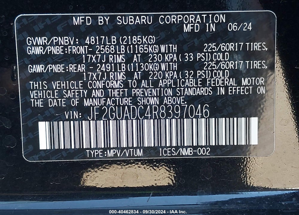 2024 SUBARU CROSSTREK PREMIUM VIN: JF2GUADC4R8397046