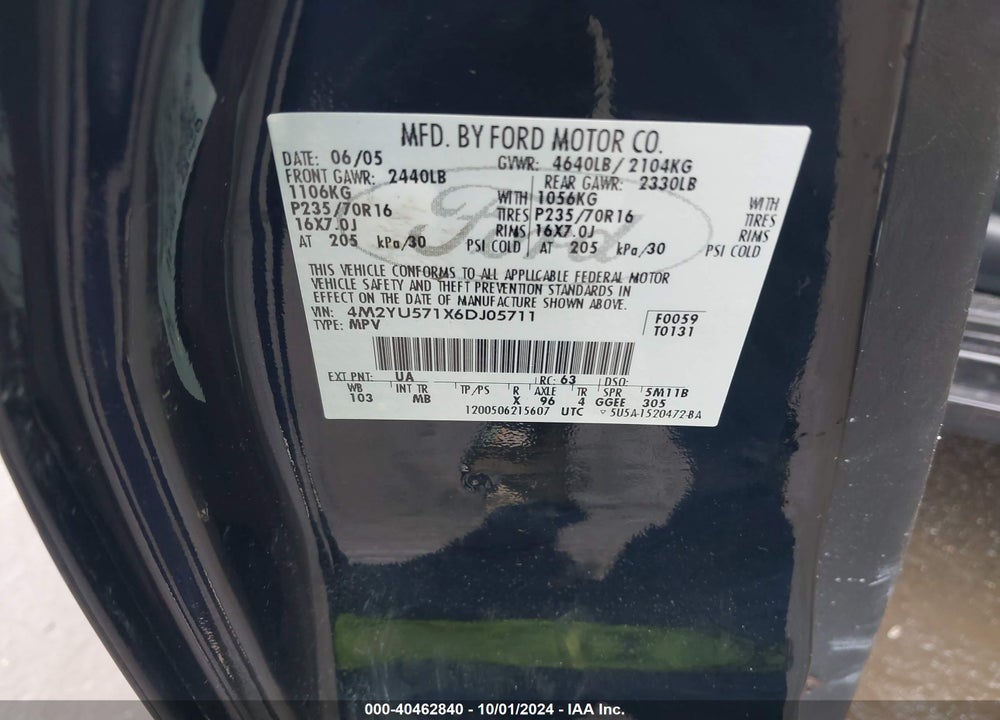 2006 MERCURY MARINER LUXURY/PREMIER VIN: 4M2YU571X6DJ05711