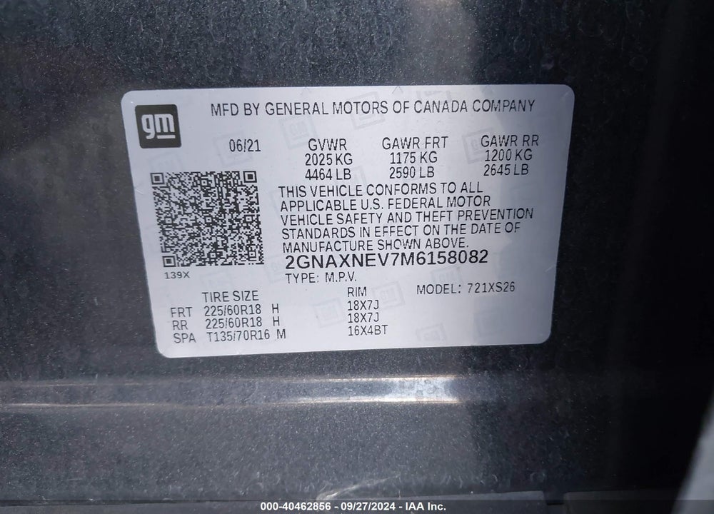 2021 CHEVROLET EQUINOX FWD PREMIER VIN: 2GNAXNEV7M6158082