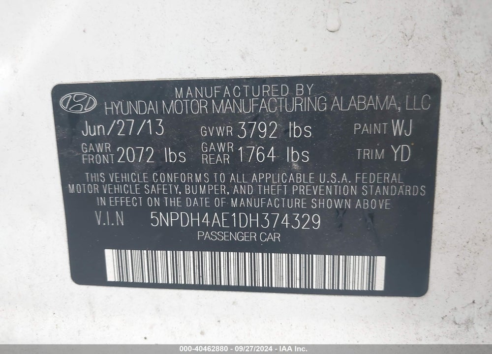 2013 HYUNDAI ELANTRA GLS VIN: 5NPDH4AE1DH374329