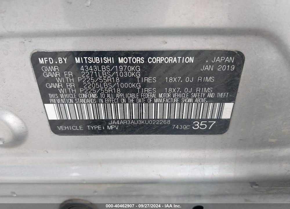 2019 MITSUBISHI OUTLANDER SPORT 2.0 ES VIN: JA4AR3AU3KU022268
