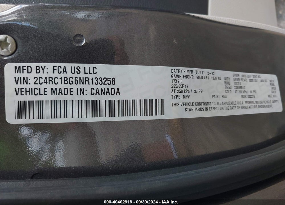 2022 CHRYSLER PACIFICA TOURING L VIN: 2C4RC1BG6NR133258