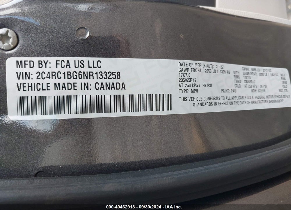 2022 CHRYSLER PACIFICA TOURING L VIN: 2C4RC1BG6NR133258