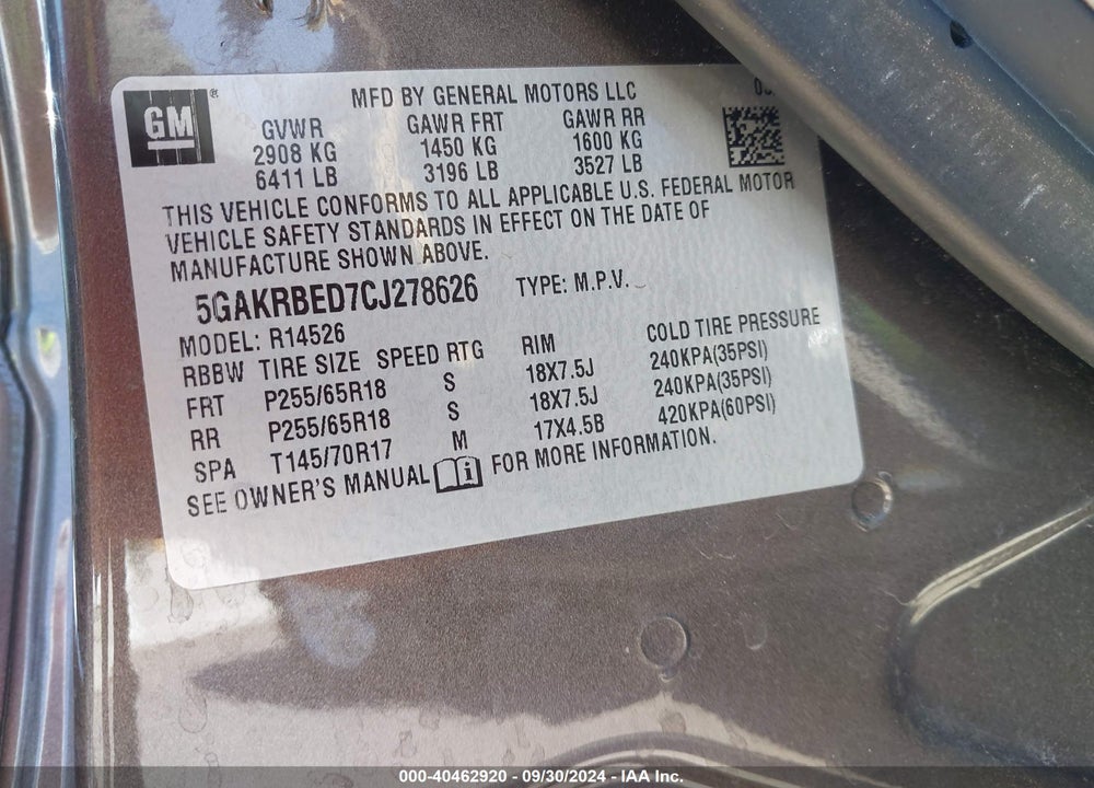 2012 BUICK ENCLAVE CONVENIENCE VIN: 5GAKRBED7CJ278626