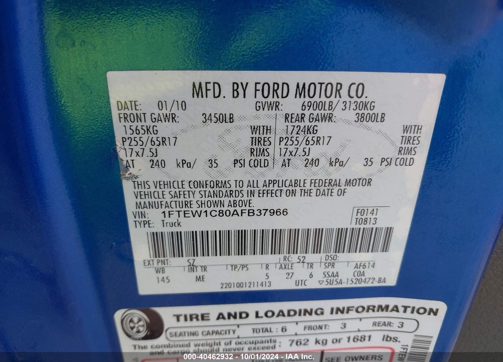 2010 FORD F-150 FX2 SPORT/XL/XLT VIN: 1FTEW1C80AFB37966