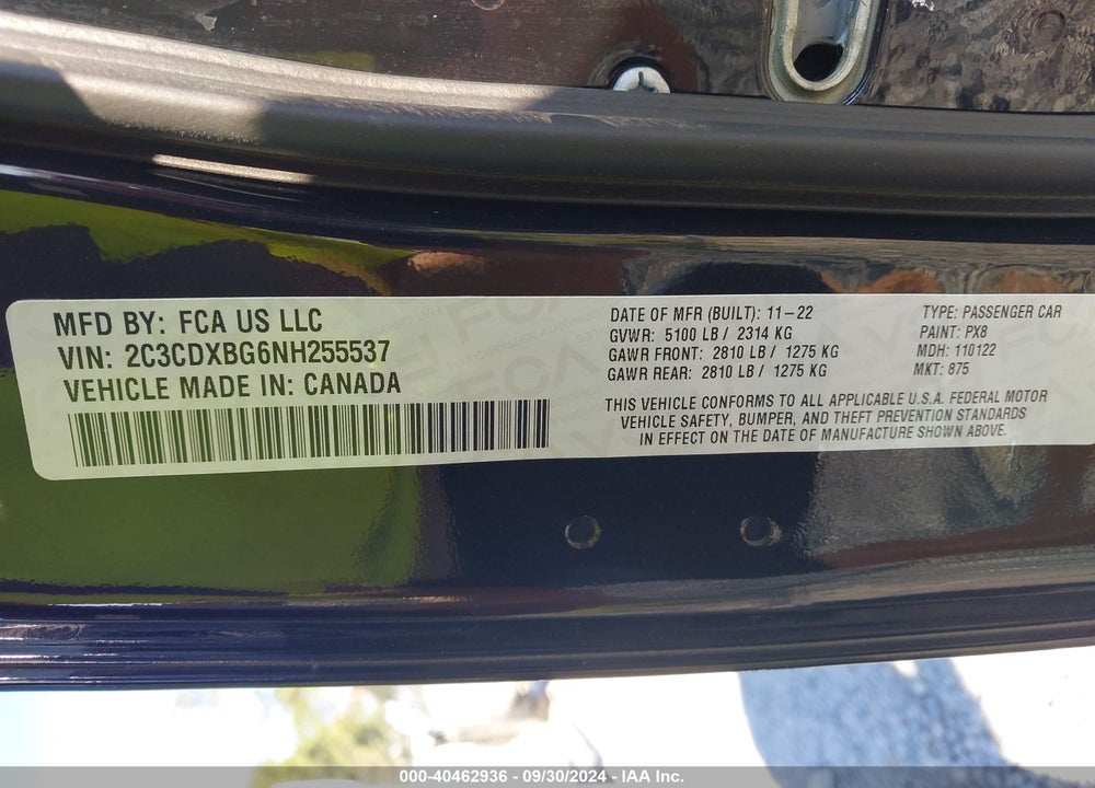2022 DODGE CHARGER SXT RWD VIN: 2C3CDXBG6NH255537