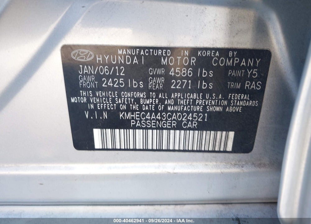 2012 HYUNDAI SONATA HYBRID VIN: KMHEC4A43CA024521