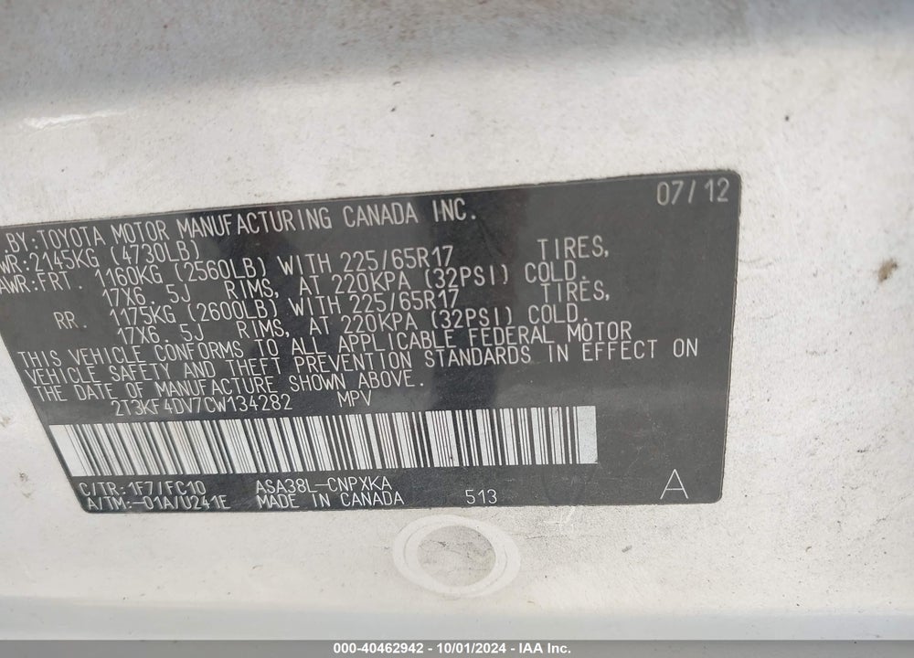 2012 TOYOTA RAV4 VIN: 2T3KF4DV7CW134282