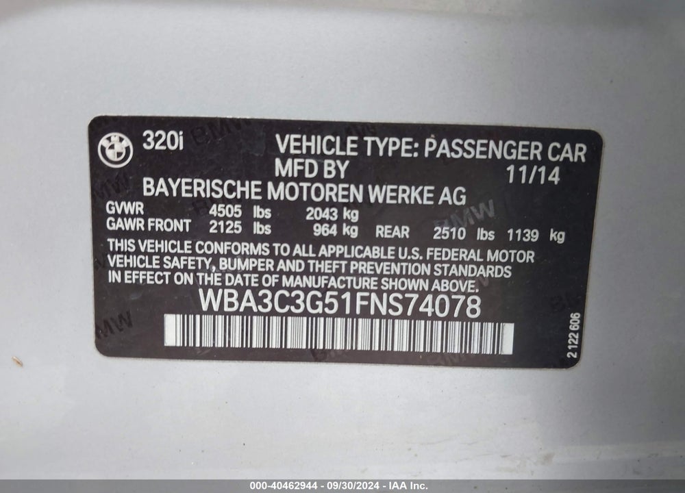 2015 BMW 320I XDRIVE VIN: WBA3C3G51FNS74078