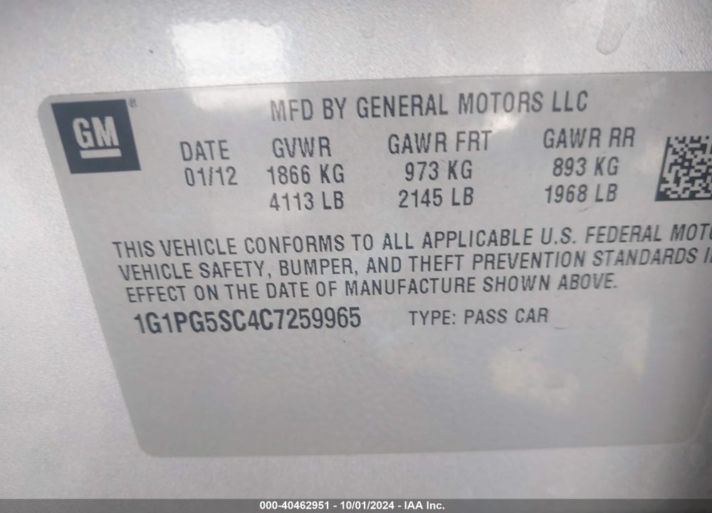 2012 CHEVROLET CRUZE 2LT VIN: 1G1PG5SC4C7259965