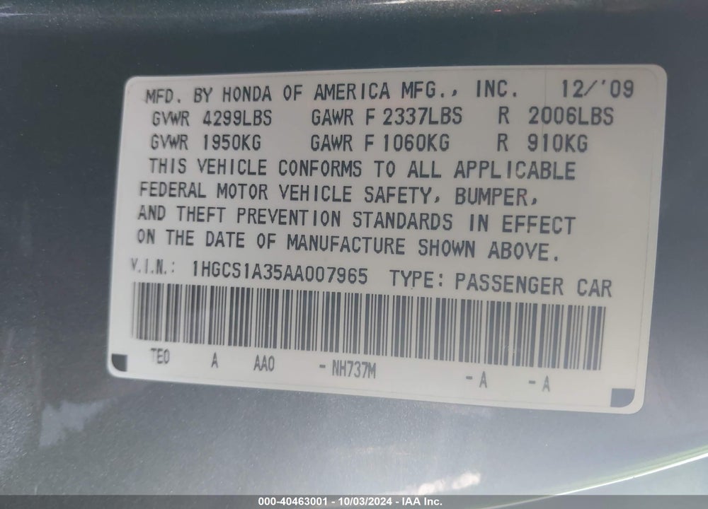 2010 HONDA ACCORD 2.4 LX-S VIN: 1HGCS1A35AA007965