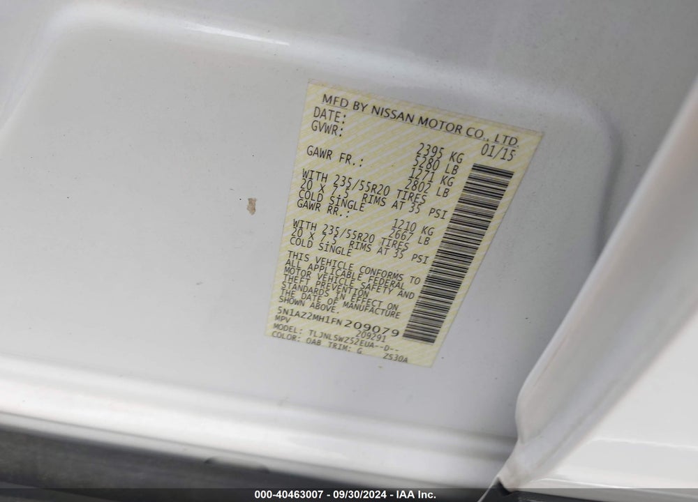 2015 NISSAN MURANO PLATINUM VIN: 5N1AZ2MH1FN209079