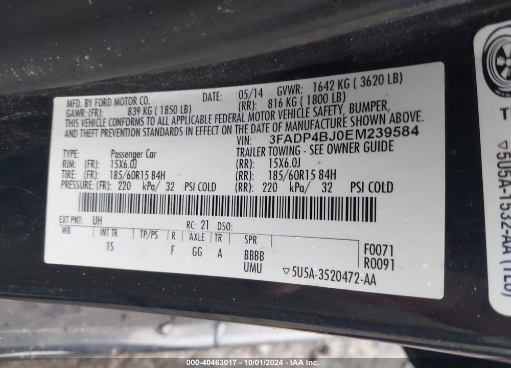 2014 FORD FIESTA SE VIN: 3FADP4BJ0EM239584