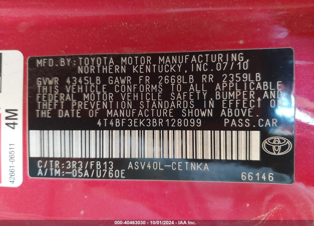 2011 TOYOTA CAMRY LE VIN: 4T4BF3EK3BR128099