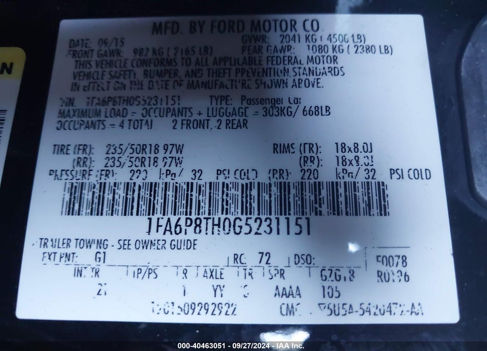 2016 FORD MUSTANG VIN: 1FA6P8TH0G5231151
