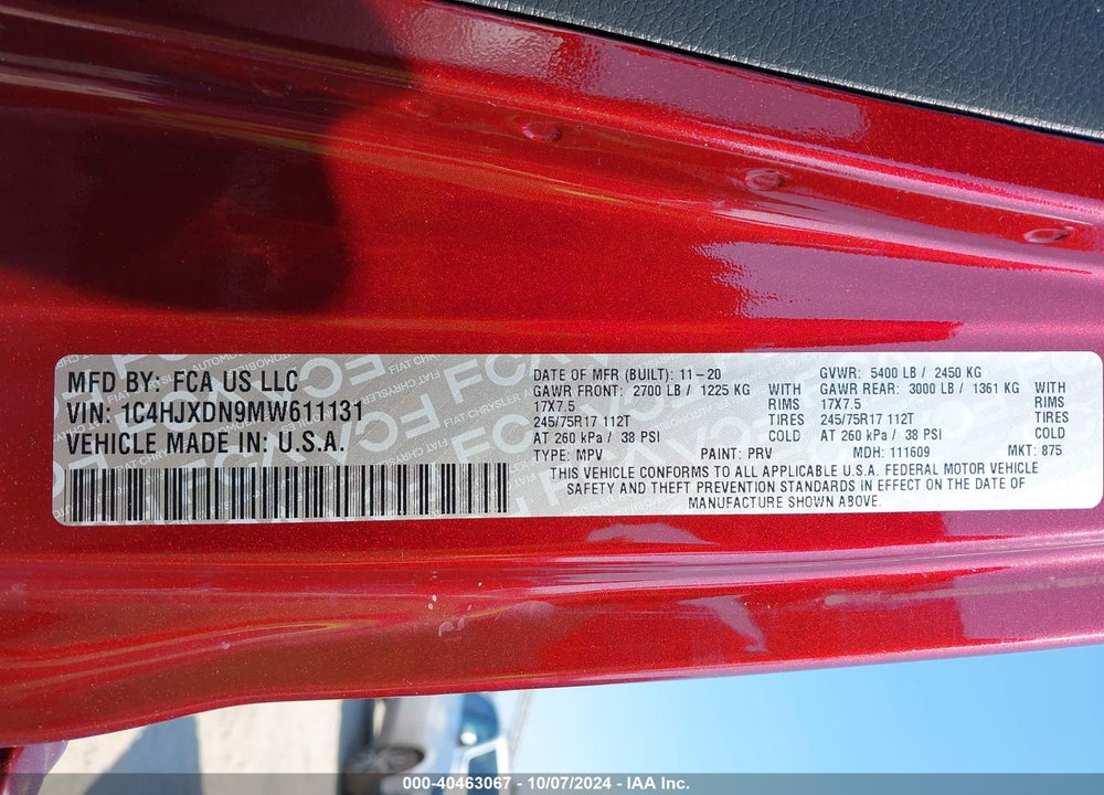 2021 JEEP WRANGLER UNLIMITED SPORT S 4X4 VIN: 1C4HJXDN9MW611131