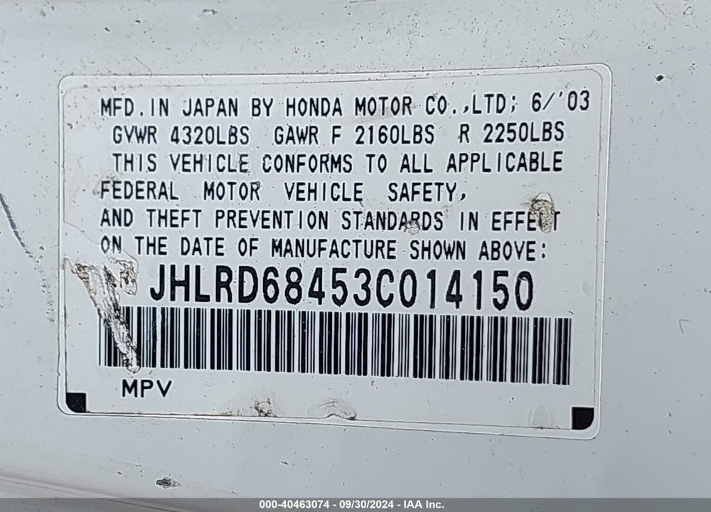 2003 HONDA CR-V LX VIN: JHLRD68453C014150