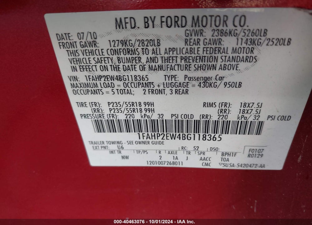2011 FORD TAURUS SEL VIN: 1FAHP2EW4BG118365