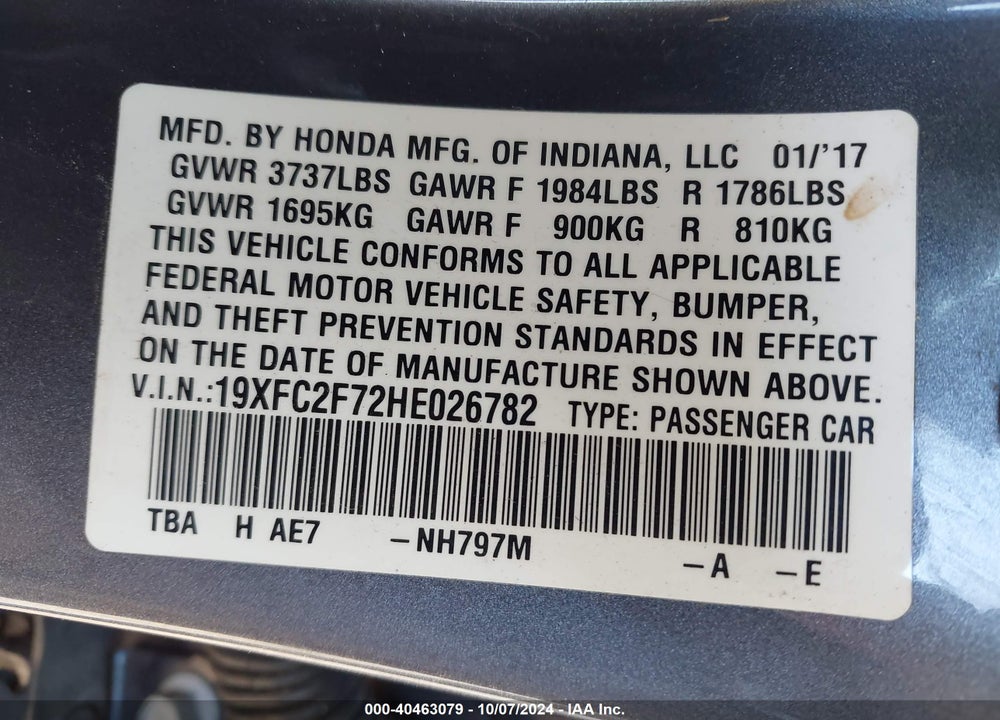 2017 HONDA CIVIC EX VIN: 19XFC2F72HE026782